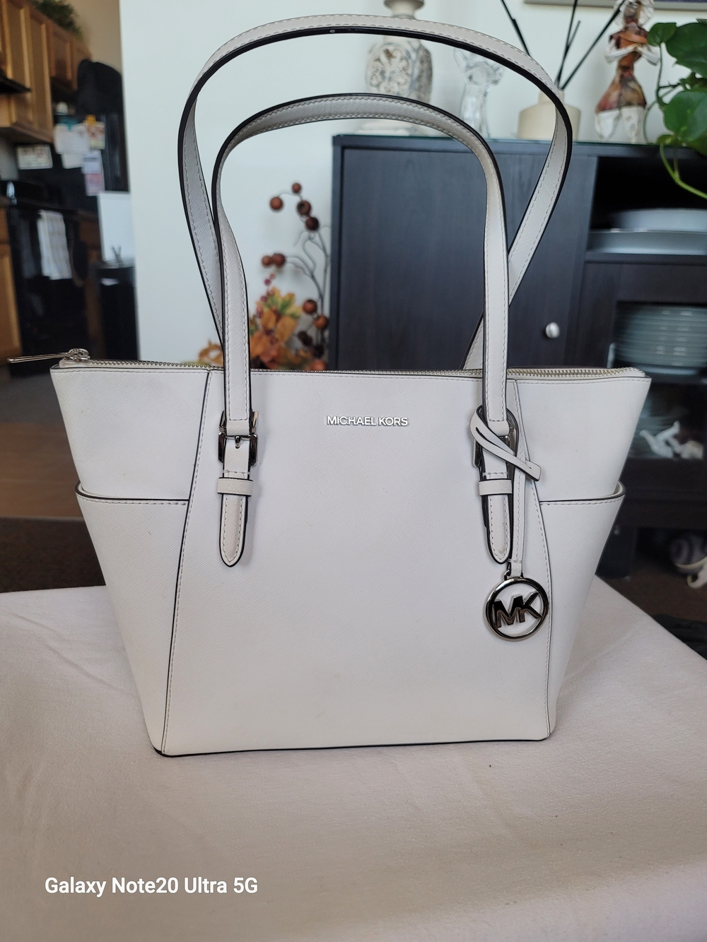 Michael Kors White Leather Tote with Silver MK Charm
